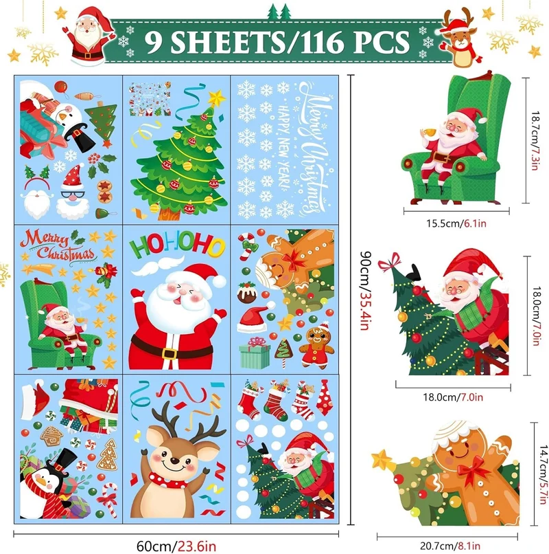 116 Stück Weihnachten Fensterbilder – Wiederverwendbare Fensteraufkleber, 9 Bögen, Doppelseitig Sichtbar, Winter- & Weihnachtsmotive