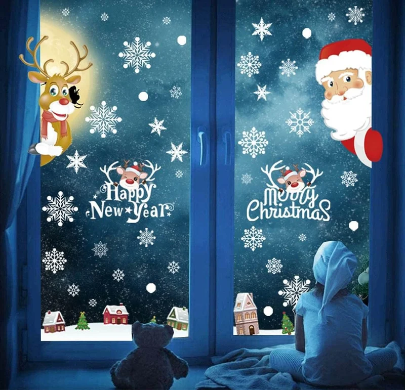 189 Stück Weihnachten Fensterbilder – Selbstklebende Schneeflocken & Wintermotive, 8 Bögen, Doppelseitig, PVC Fenstersticker
