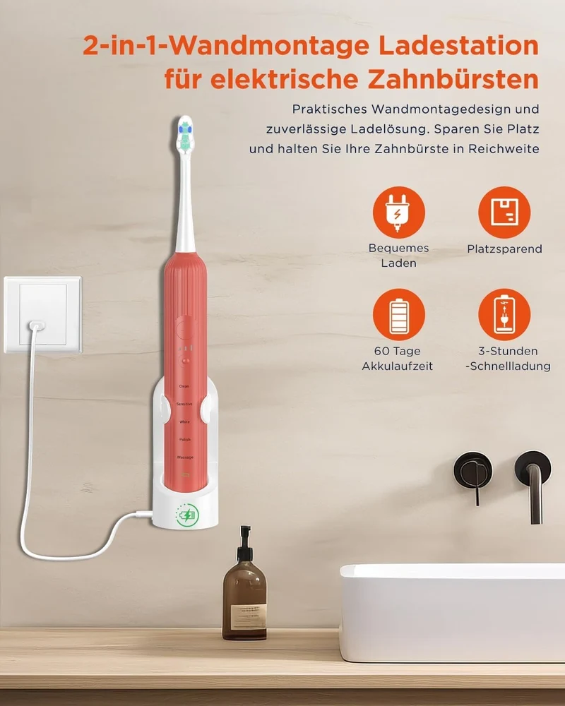 Elektrische Schallzahnbürste – 5 Modi 3 Intensitäten 8 Köpfe Timer Reiseetui BLAU oder ROSENROT FARBE 6974680411613