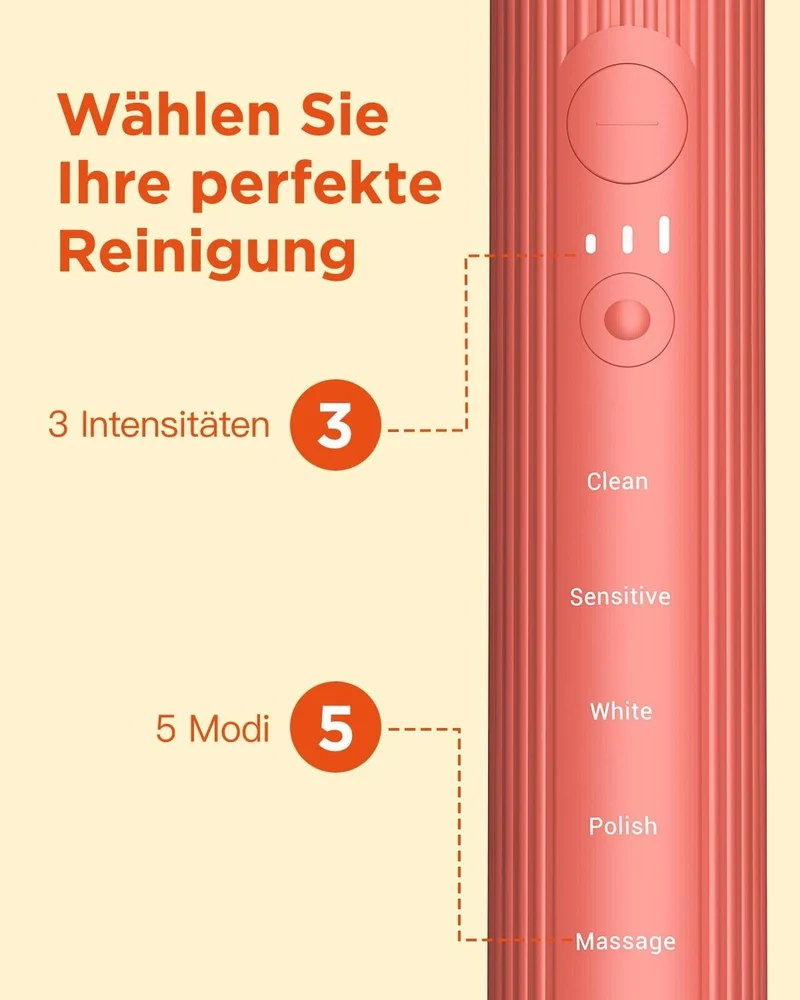 Elektrische Schallzahnbürste – 5 Modi 3 Intensitäten 8 Köpfe Timer Reiseetui BLAU oder ROSENROT FARBE 6974680411613