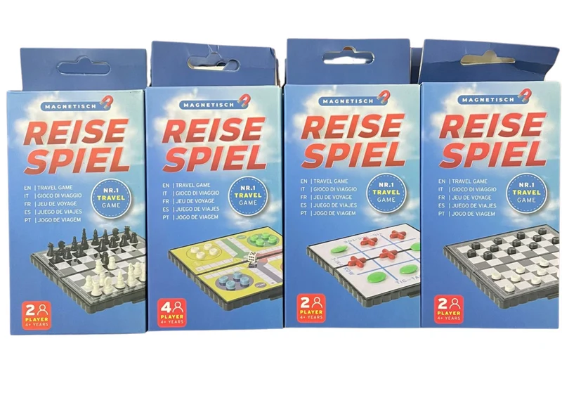 Magnetisches Reisespiel 13x13cm – 4 Spiele: Schach, Dame, Ludo, Tic Tac Toe