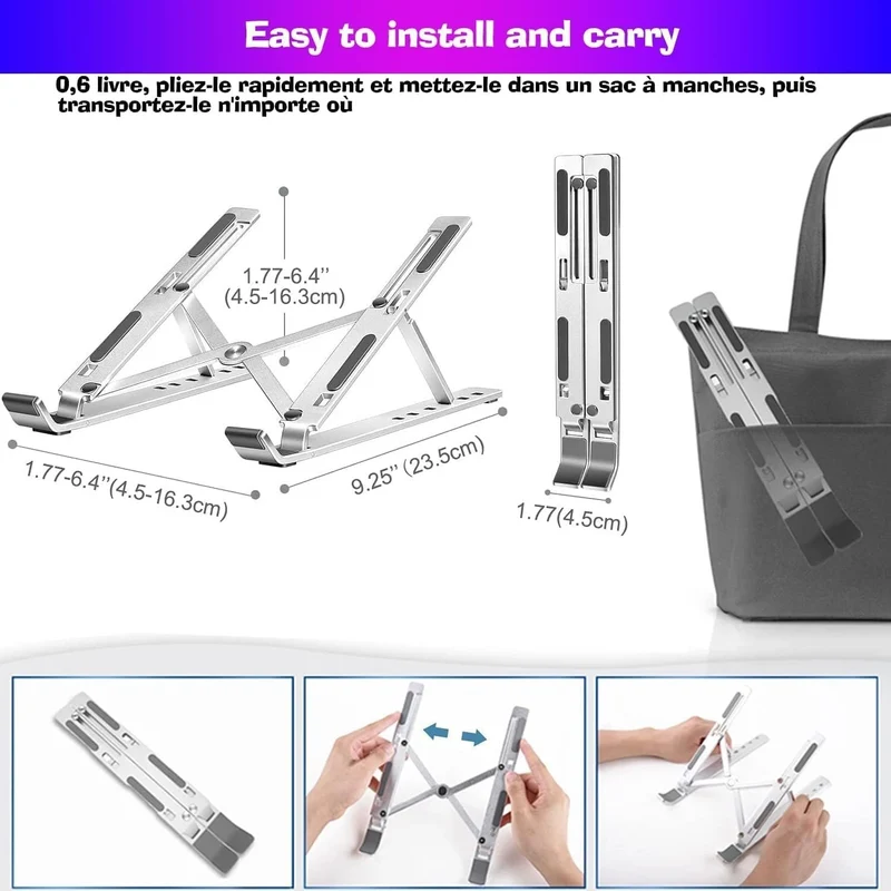 Höhenverstellbarer Aluminium Laptopständer – 7 Stufen, Faltbar, Belüftet & Rutschfest – Silber