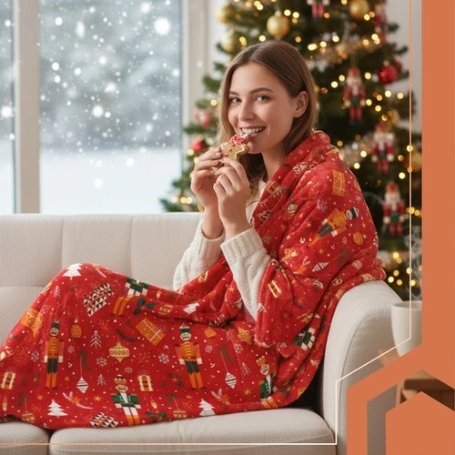 RUHHY Weihnachtsdecke 150x200 cm – Weiche Kuscheldecke in Rot, Doppelbett-Überwurf mit festlichem Motiv