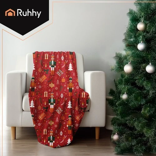 RUHHY Weihnachtsdecke 150x200 cm – Weiche Kuscheldecke in Rot, Doppelbett-Überwurf mit festlichem Motiv