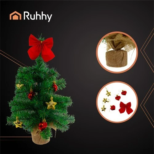 Künstlicher Mini-Weihnachtsbaum 45 cm – Tischdeko mit roten & goldenen Kugeln, Schleife & Jutesockel