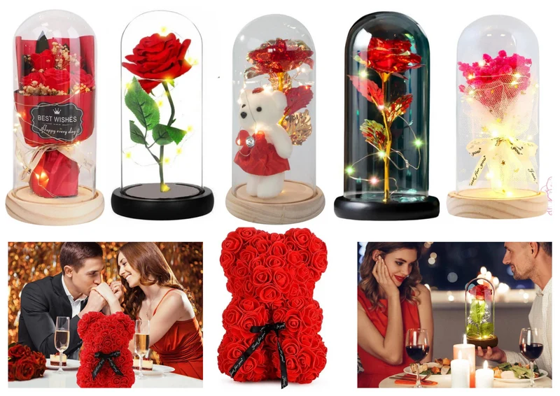 LED Blumen Geschenk im Glas mit Licht 🌸 Deko Rose & Bär für Valentinstag
