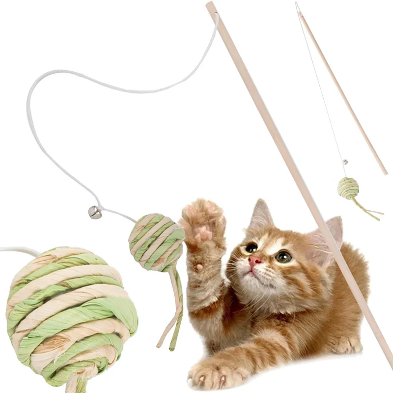 Katzenspielzeug Angelrute mit Ball & Rassel – Interaktives Spielzeug aus Holz
