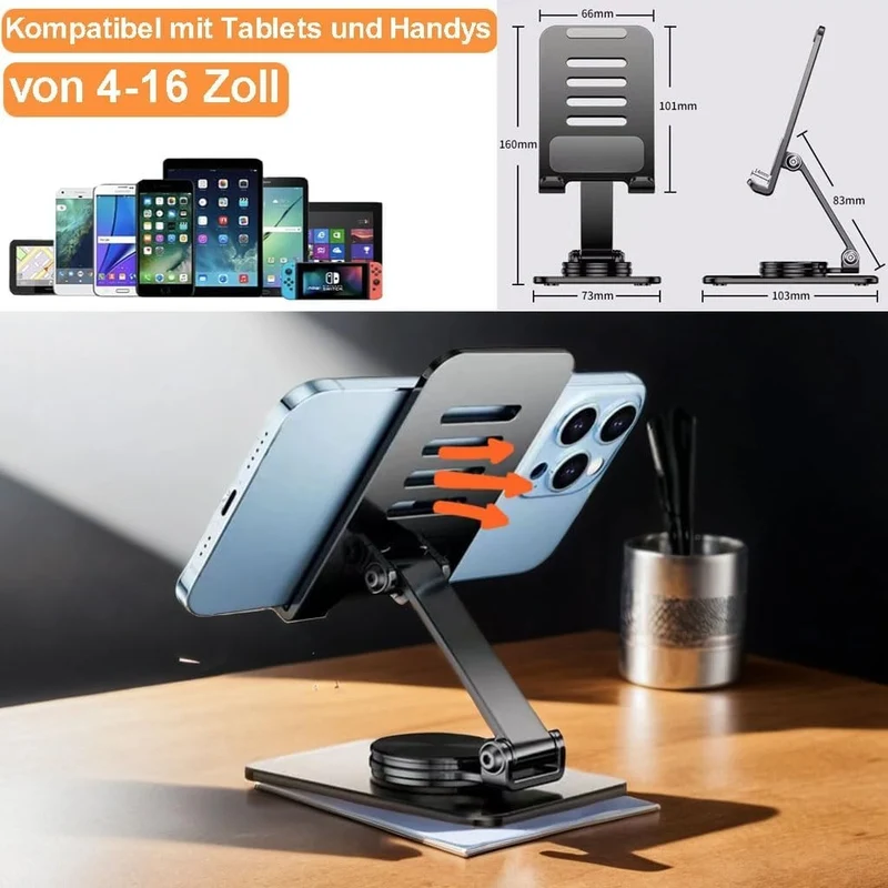 360° Drehbarer Handy-Ständer Tisch Metall Faltbar Verstellbar 4–11 Zoll
