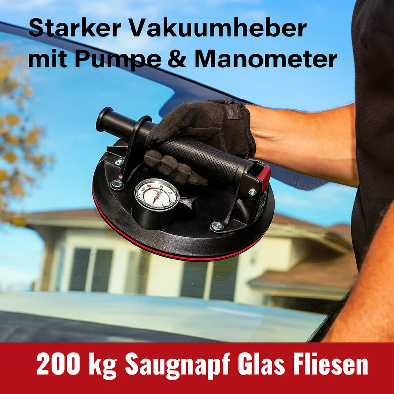 Vakuumsauger 200 kg mit Manometer und Pumpe – Saugheber für Fliesen, Glas, Spiegel und Platten