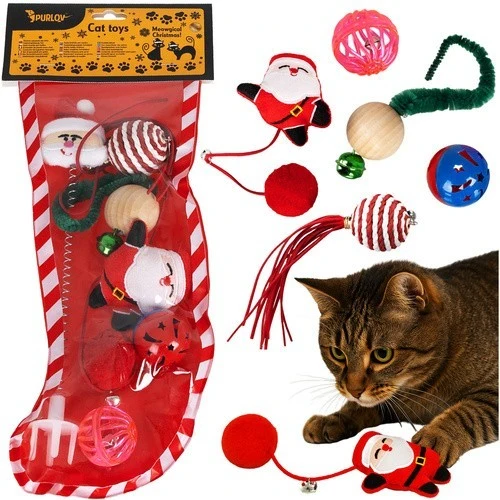 PURLOV Katzenspielzeug Set 6-tlg Weihnachten Bälle Federn Glöckchen