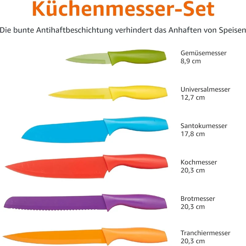 Messer-Set 12-teilig – Kochmesser, Brotmesser, Santoku & mehr im bunten Design