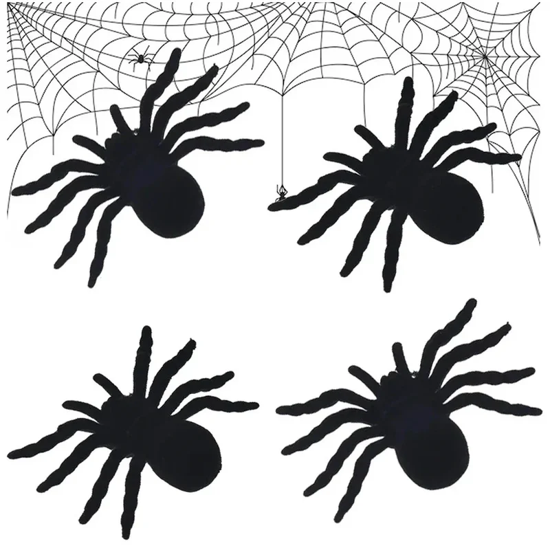 Halloween Spinnen Set 4 Stück – schwarze Deko-Spinnen 11 cm für Party, Haus & Garten