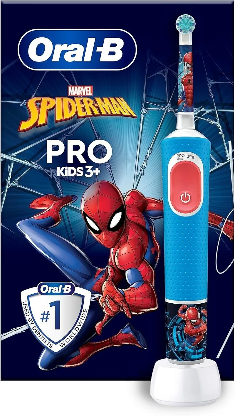 Oral-B Pro Kids Spiderman Elektrische Zahnbürste für Kinder ab 3 Jahren mit Sensitiv+ Modus & extra weichen Borsten