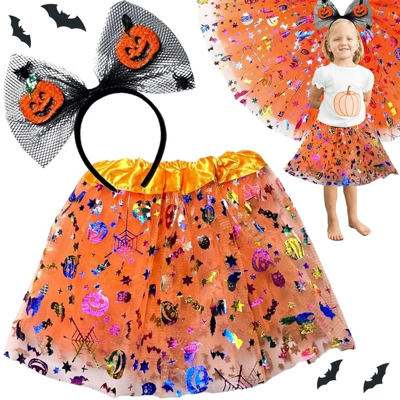 Halloween Kostüm Mädchen 🎃 Tutu Rock mit Kürbis Stirnband Schleife Glitzer 👻