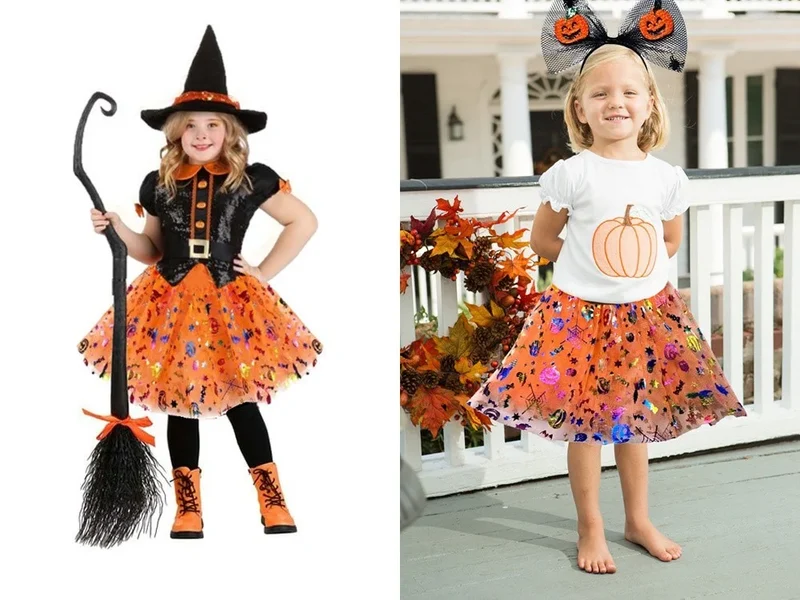 Halloween Kostüm Mädchen 🎃 Tutu Rock mit Kürbis Stirnband Schleife Glitzer 👻