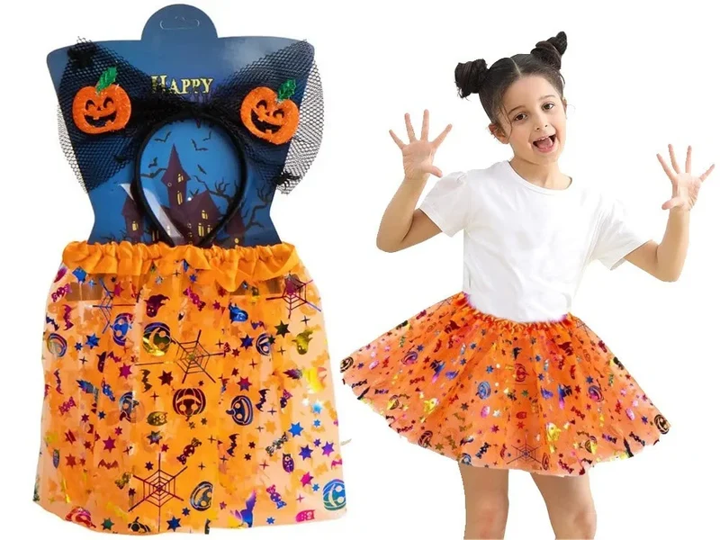 Halloween Kostüm Mädchen 🎃 Tutu Rock mit Kürbis Stirnband Schleife Glitzer 👻