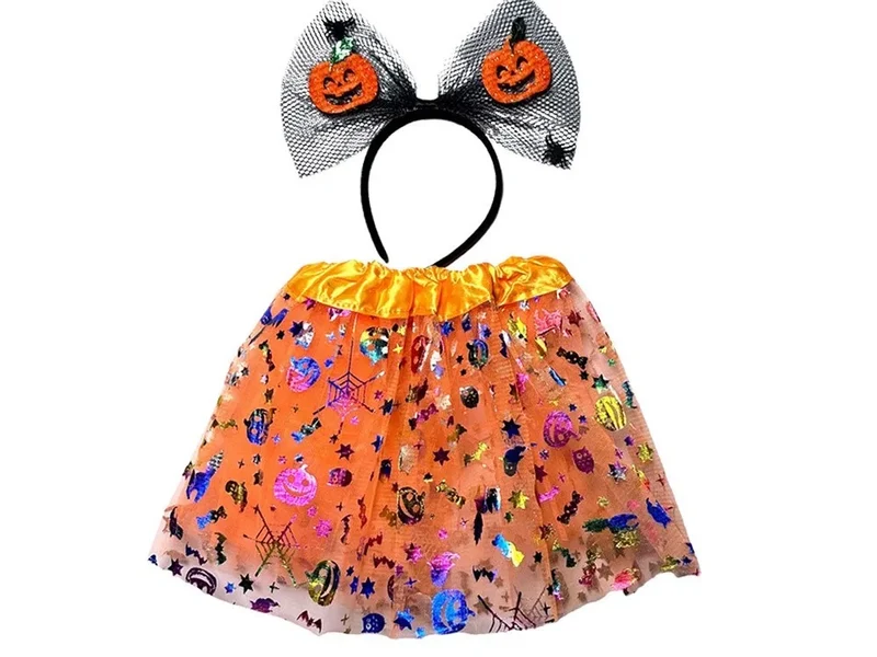 Halloween Kostüm Mädchen 🎃 Tutu Rock mit Kürbis Stirnband Schleife Glitzer 👻