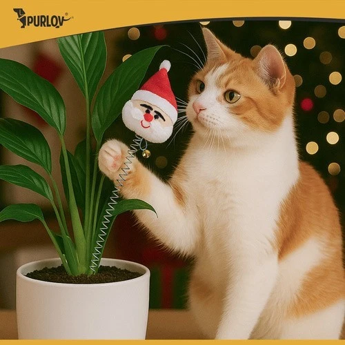 PURLOV Katzenspielzeug Weihnachtsset 6-teilig – Bälle, Federn & Pompons im Weihnachtssocken, Sicheres & Abwechslungsreiches Spielzeug für Katzen