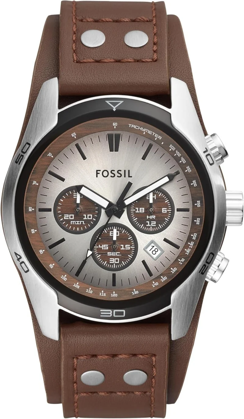 FOSSIL Coachman Herrenuhr – Chronograph mit Quarzwerk & Echtlederarmband | 45mm Edelstahlgehäuse, braunes Zifferblatt, wasserdicht bis 100 m