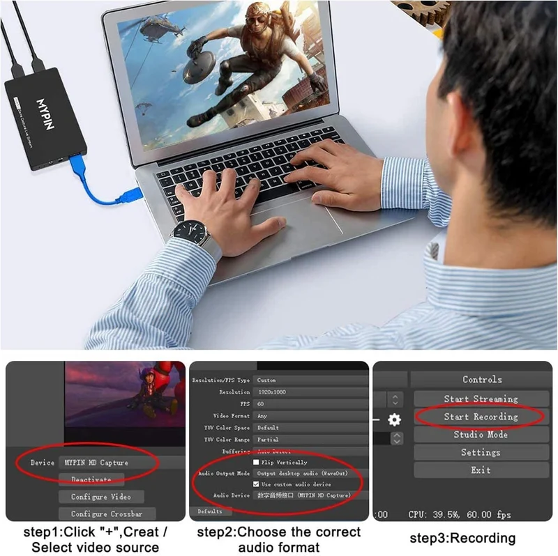 HD Game Capture Karte 4K 60fps HDR – USB 3.0 Videoaufnahme & Live Streaming Gerät | Kompatibel mit PS3, PS4, Xbox One, 360, Wii U & PC