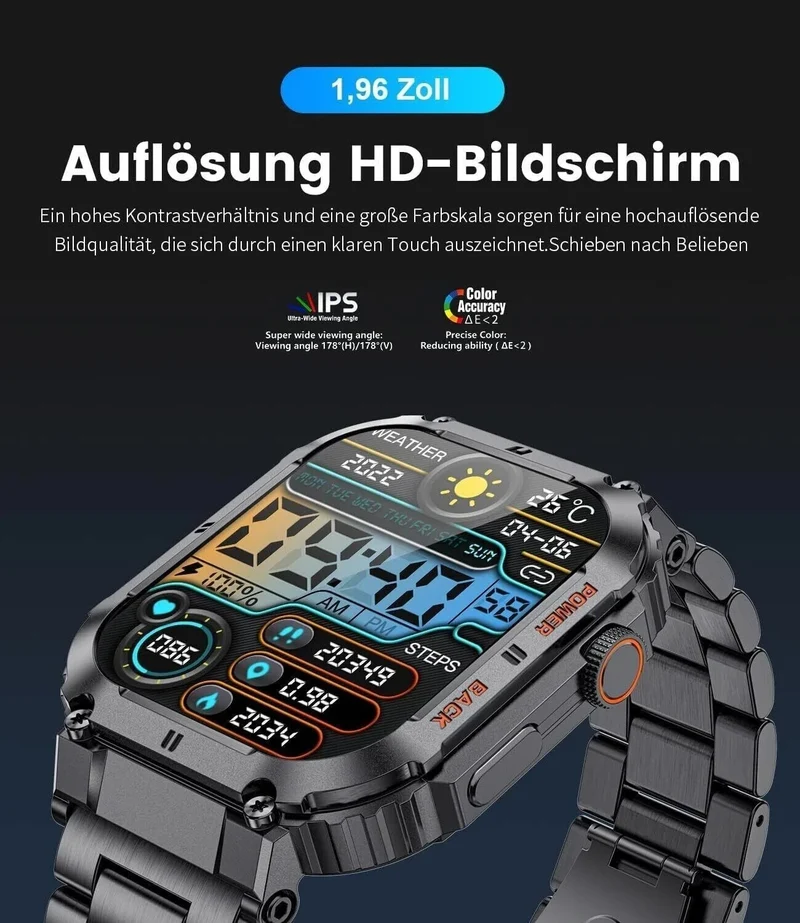 Smartwatch Herren Militärisch Telefonfunktion 1.96'' HD 100+ Sportmodi Schwarz