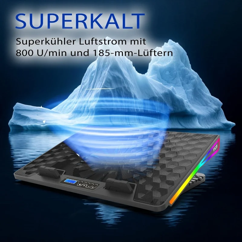 Gaming Laptop Kühler RGB 17,3" Kühlpad LCD Display 5 Höhen Notebook