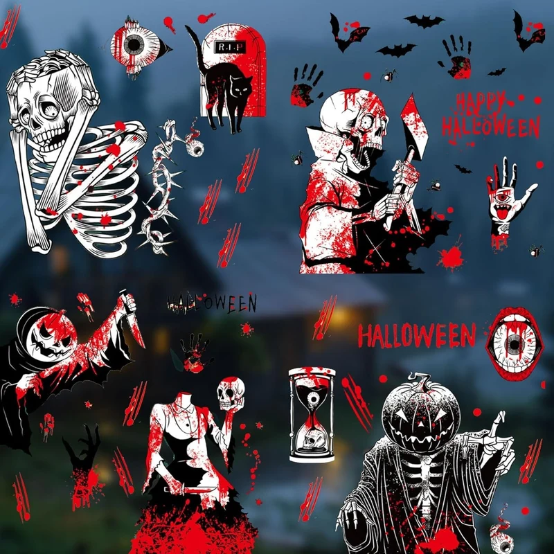 Halloween Fensteraufkleber 👻 92 Stk Blutige Hand- & Fußabdrücke Deko