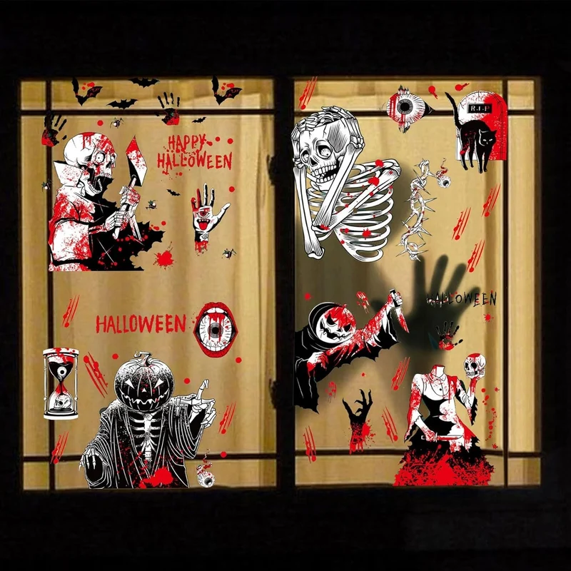 Halloween Fensteraufkleber 👻 92 Stk Blutige Hand- & Fußabdrücke Deko