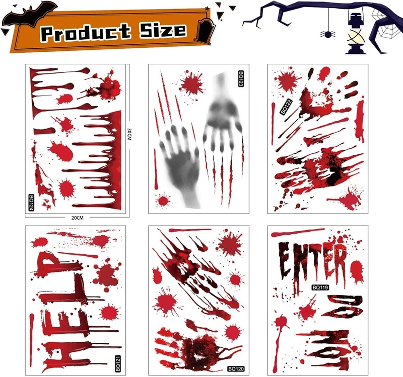 Halloween Fensteraufkleber 👻 42 Stk Blutige Hand- & Fußabdrücke Horror Deko