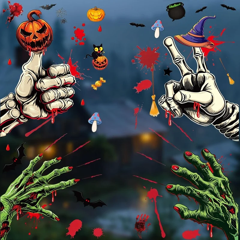Halloween Fensteraufkleber 👻 59 Stk Blutige Hand- & Fußabdrücke Horror Deko