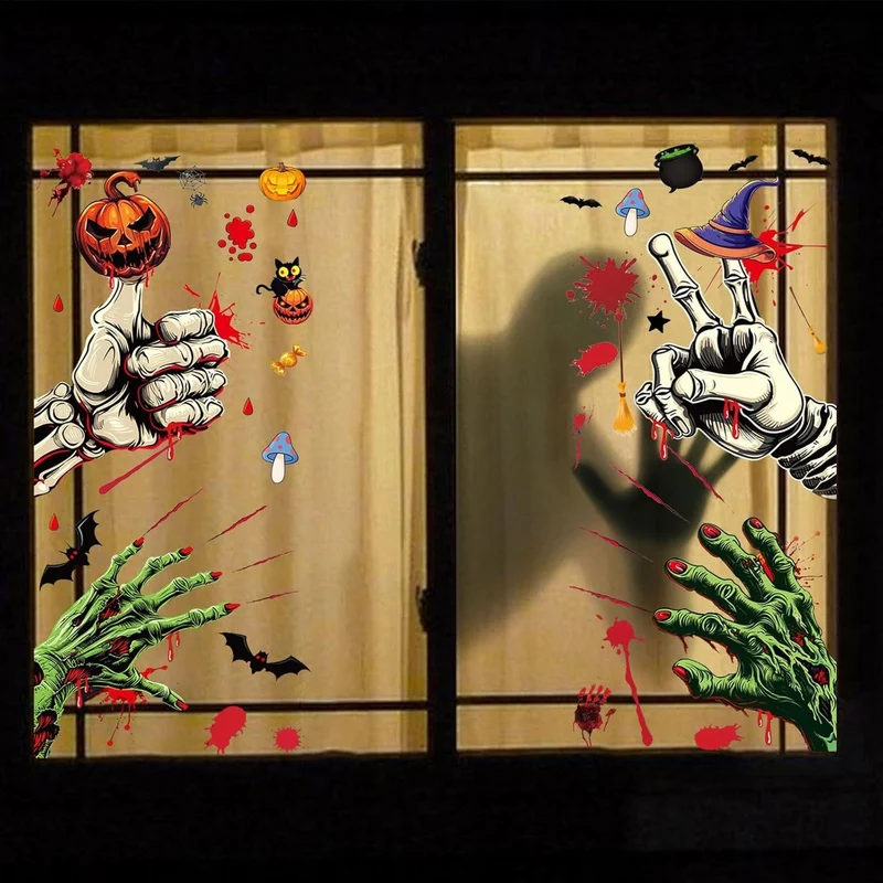 Halloween Fensteraufkleber 👻 59 Stk Blutige Hand- & Fußabdrücke Horror Deko