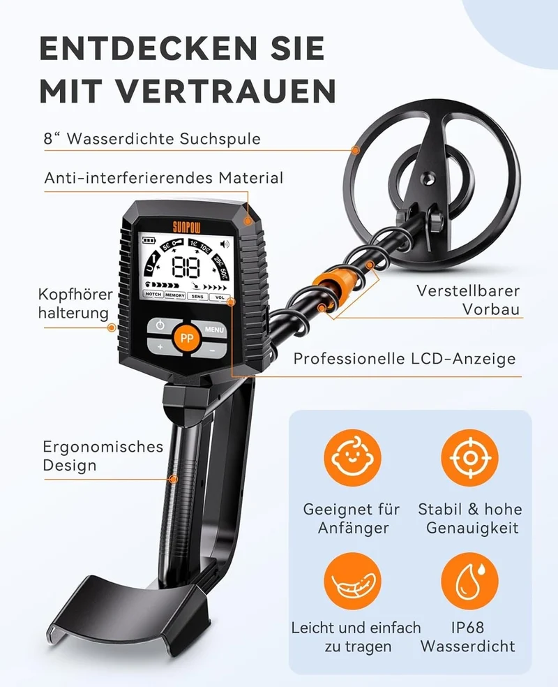 Metalldetektor Set wasserdicht Profi LCD Display für Erwachsene & Kinder