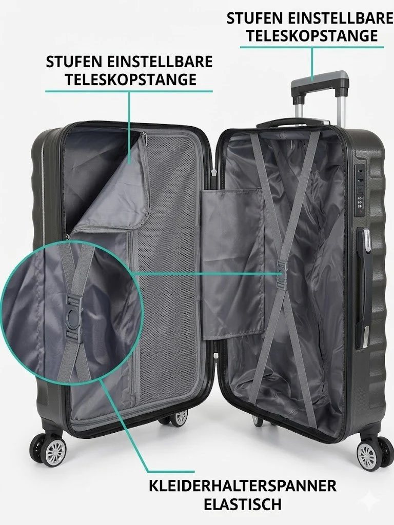Hartschalenkoffer Trolley grau – M / L / XL / 3er Set – 4 Rollen, ABS