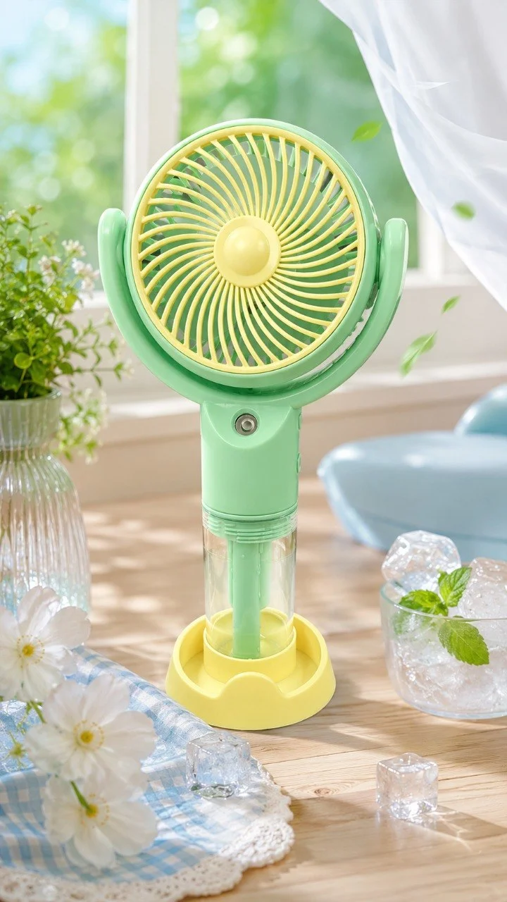 Mini USB Ventilator mit Vernebler und Handyhalter – Tragbarer Akku Lüfter mit 3 Stufen