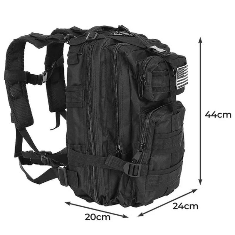 Schwarzer Touristenrucksack 26L – Outdoor Rucksack mit MOLLE-System und 5 Fächern