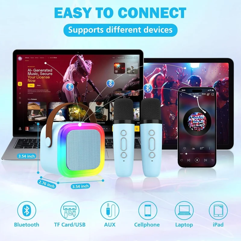 Karaoke Maschine Kinder 4–12J Bluetooth 2 Mikrofone LED Geschenk 🎤🎁 Mädchen