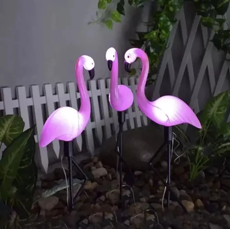 Solar Flamingo Gartenleuchten 3er Set – LED Solar Gartenstecker mit Solarpanel IP44 für Garten und Terrasse