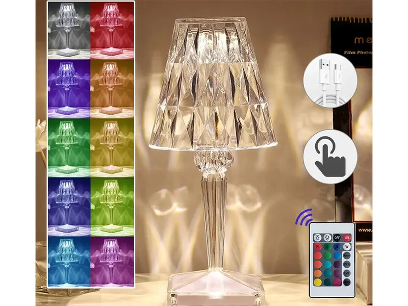 RGB LED Kristall Tischlampe mit Fernbedienung – Touch Nachtlicht mit Akku USB-C