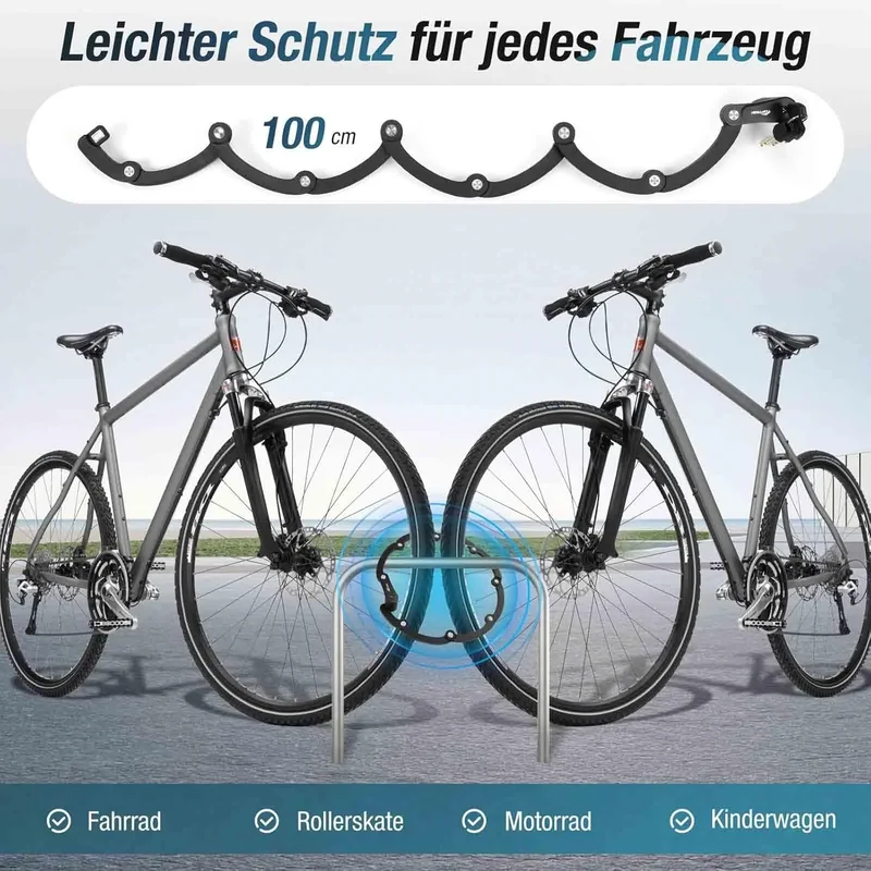 Faltschloss Fahrrad 100 cm aus Gehärtetem Carbonstahl – Fahrradschloss mit Halterung und 4 Schlüsseln für E-Bike, MTB und Rennrad