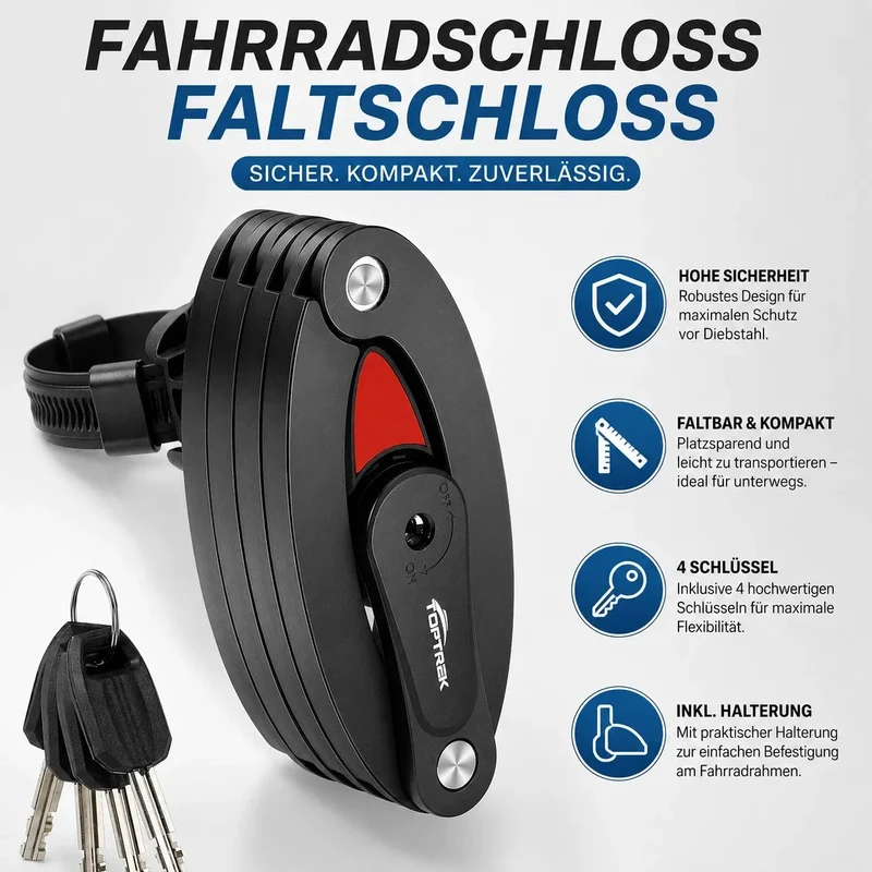 Faltschloss Fahrrad 100 cm aus Gehärtetem Carbonstahl – Fahrradschloss mit Halterung und 4 Schlüsseln für E-Bike, MTB und Rennrad