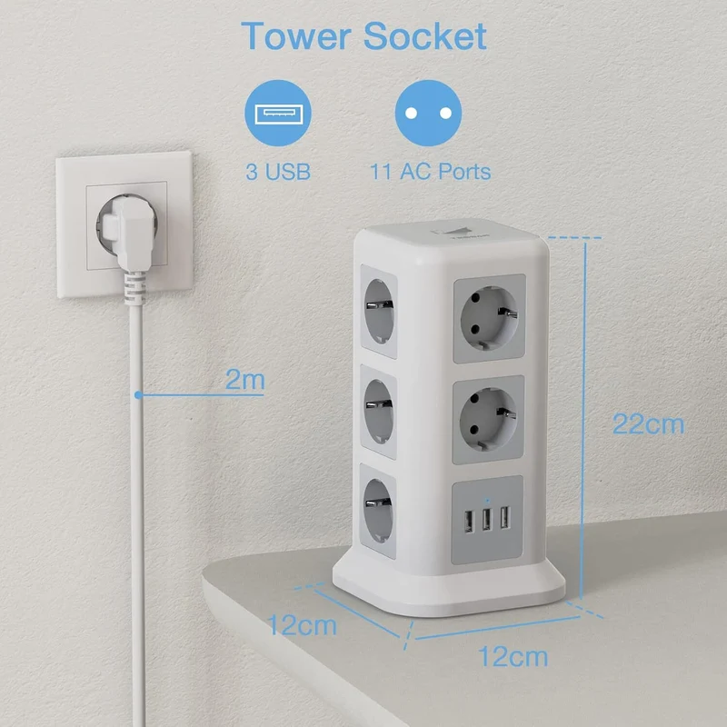 11-Fach Steckdosenleiste mit 3 USB & Schalter – 2M Kabel, 2500W, Turm-Design