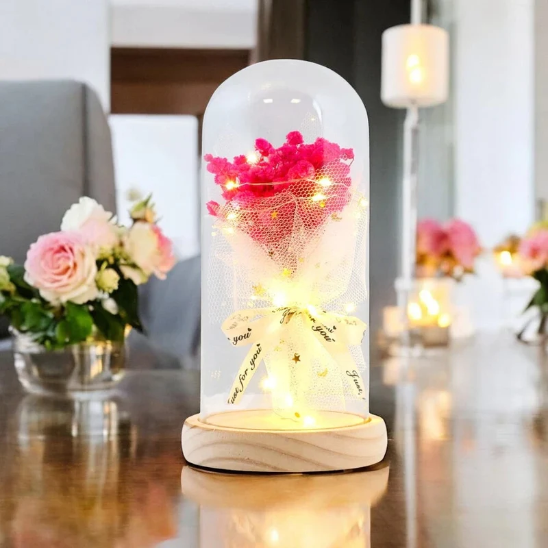 Rosa Schleierkraut Blumenstrauß in Glaskuppel mit LED – Geschenkidee🌸🌸🌸