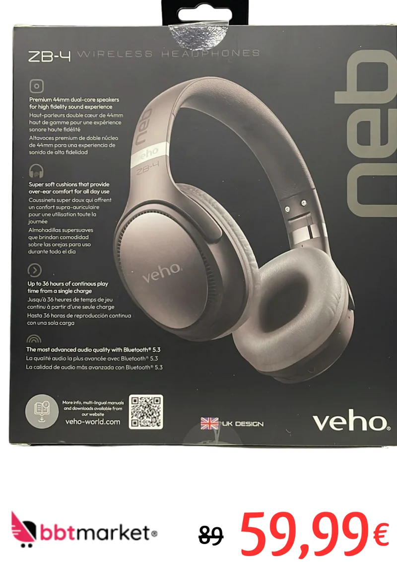 Veho ZB-4 NEB kabelloser Bluetooth-Kopfhörer mit Mikrofon VEP-465-NEB-A, NEU OVP