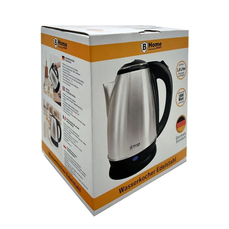 Edelstahl Wasserkocher 1,8L 1500W kabellos Abschaltautomatik Schwarz/Silber