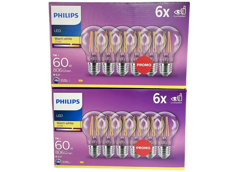 LED Lampe Philips 6x E27, 7W=60W Ersatz – Warmweiß 2700K, Energieklasse E