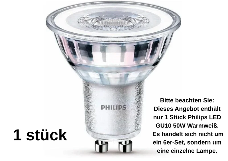 Philips LED Classic GU10 Lampe, 50 W, Reflektor, warmweiß, 1er Pack - 6er Pack