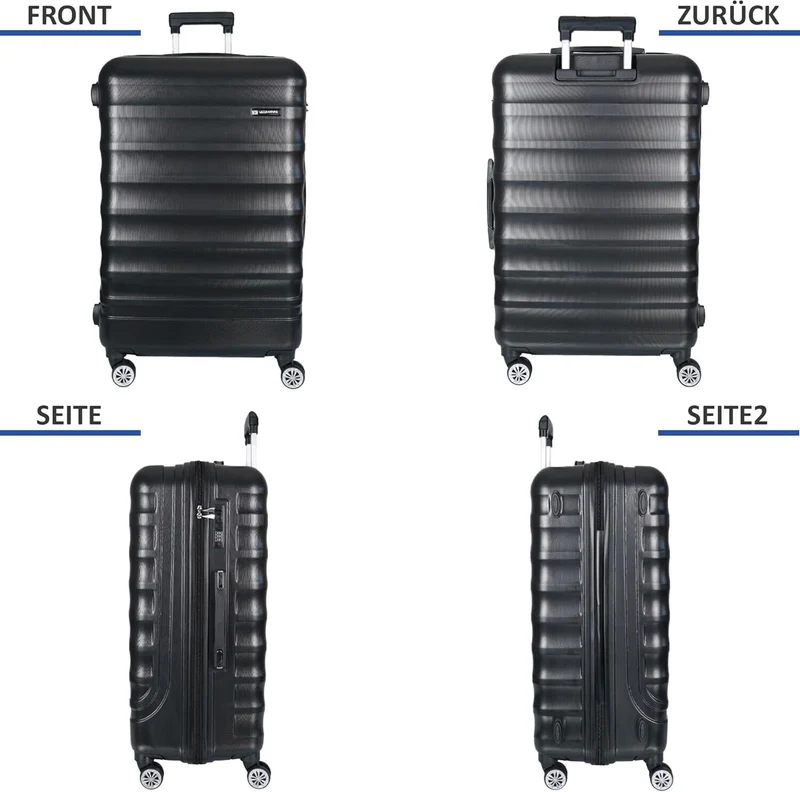 3-teiliges Hartschalen Kofferset Schwarz – Reisekoffer M/L/XL mit 4 Rollen & Zahlenschloss – ABS Trolley für Urlaub & Flugreisen