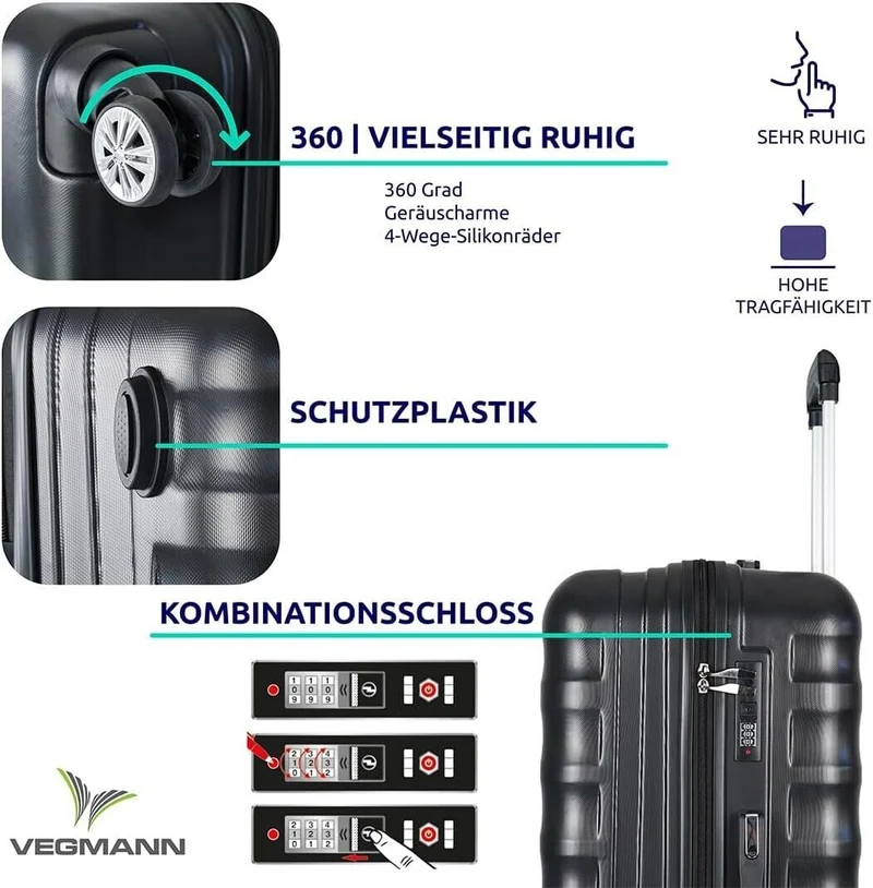 3-teiliges Hartschalen Kofferset Schwarz – Reisekoffer M/L/XL mit 4 Rollen & Zahlenschloss – ABS Trolley für Urlaub & Flugreisen