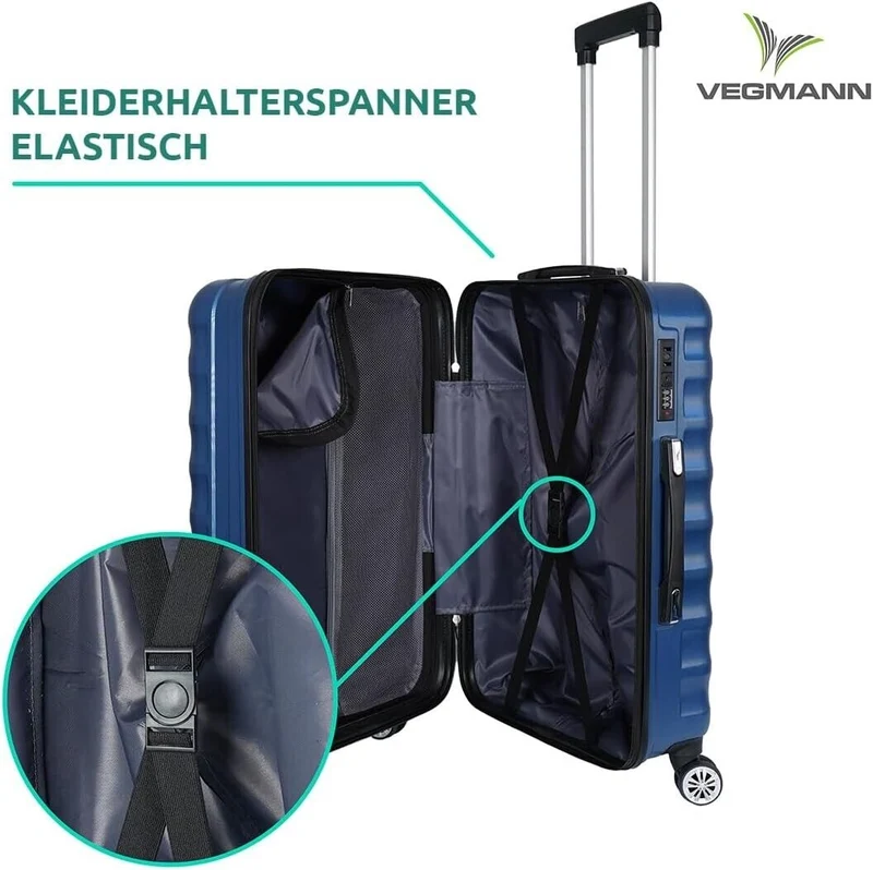 3-teiliges Kofferset aus Hartschale – Reisekoffer M/L/XL mit 4 Rollen & Zahlenschloss – ABS Trolley in Blau für Flugreisen & Urlaub