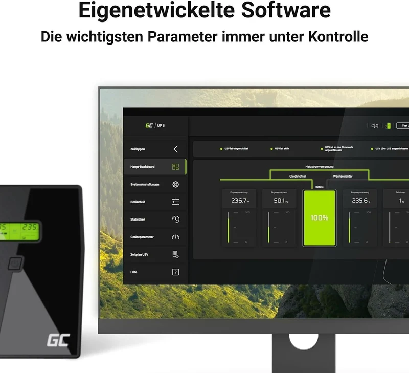 Green Cell USV 600VA 360W Line-Interactive UPS mit AVR, LCD, USB, RJ11 und 2x Schuko Steckdosen
